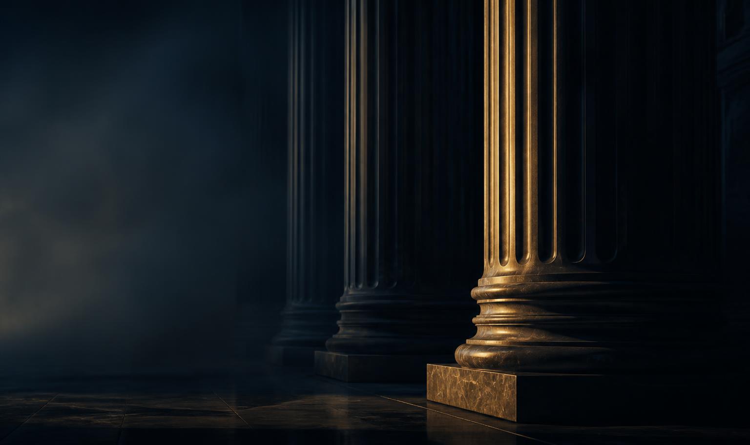 Columnas clásicas de un tribunal iluminadas con luz dorada